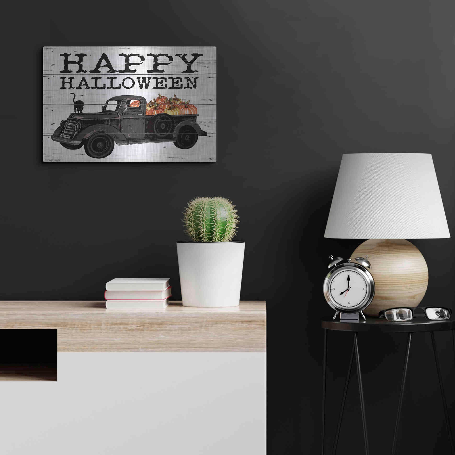Luxe Metal Art 'Happy Halloween Black Truck' by Cindy Jacobs, Metal Wall Art,24x16