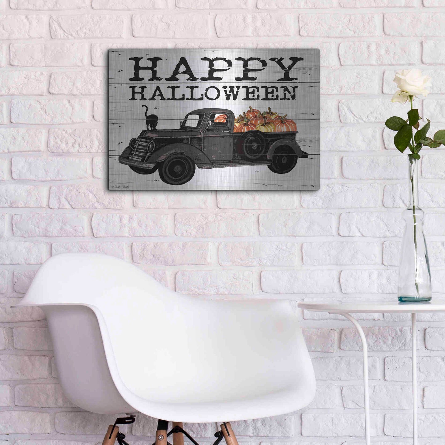 Luxe Metal Art 'Happy Halloween Black Truck' by Cindy Jacobs, Metal Wall Art,24x16