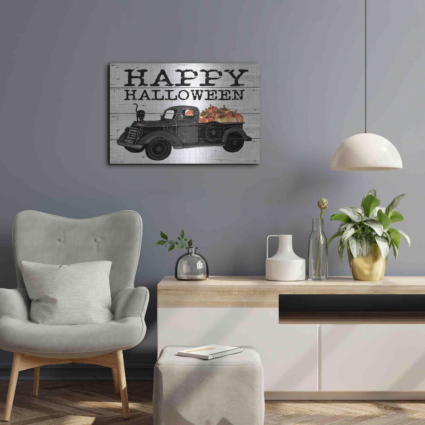 Luxe Metal Art 'Happy Halloween Black Truck' by Cindy Jacobs, Metal Wall Art,24x16