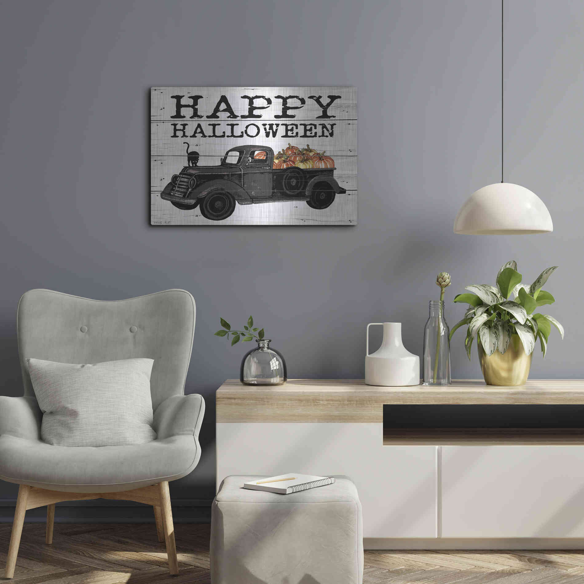 Luxe Metal Art 'Happy Halloween Black Truck' by Cindy Jacobs, Metal Wall Art,24x16