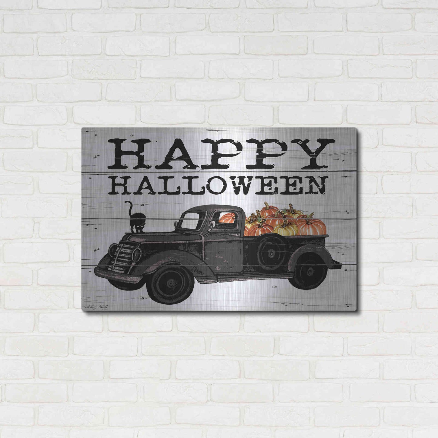 Luxe Metal Art 'Happy Halloween Black Truck' by Cindy Jacobs, Metal Wall Art,36x24