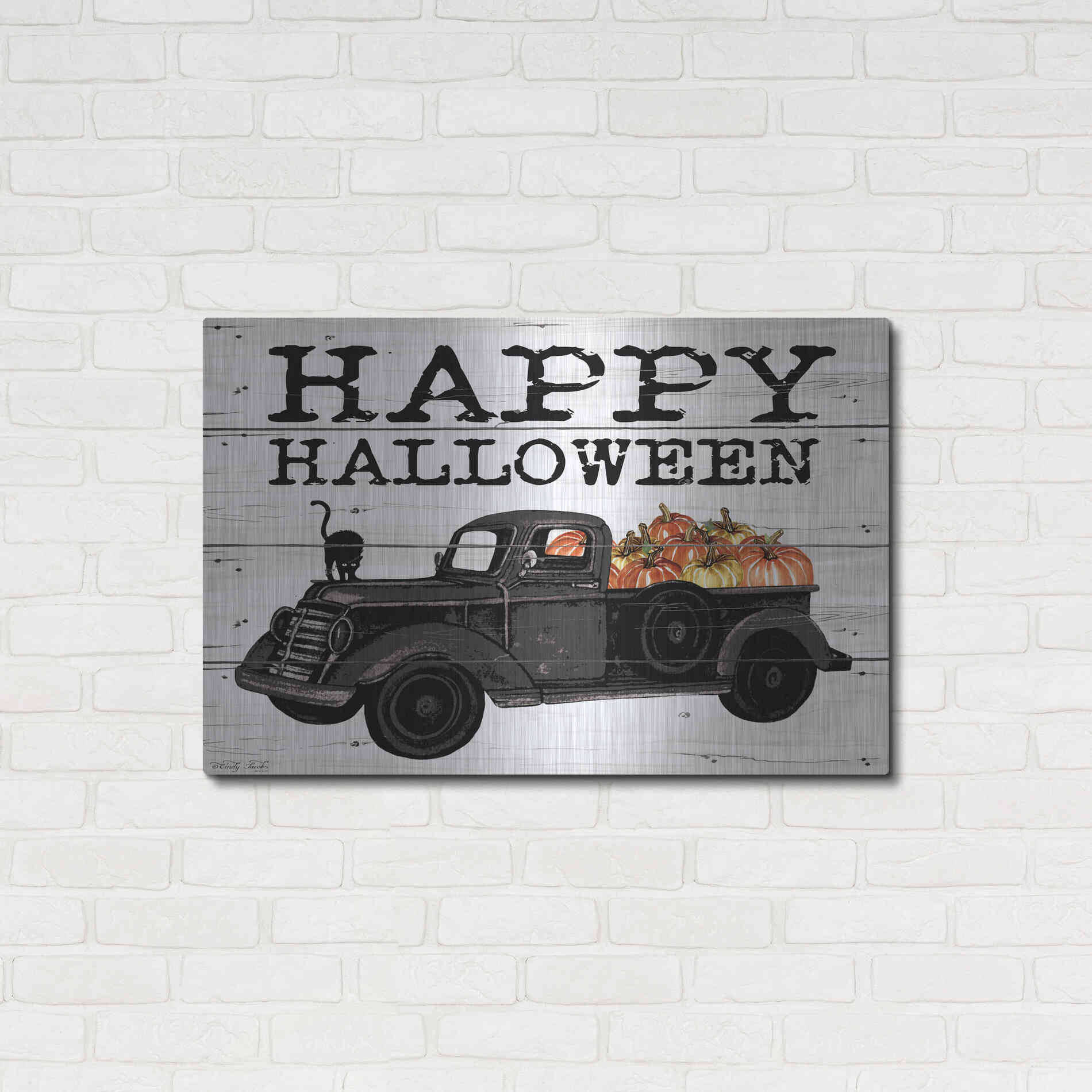 Luxe Metal Art 'Happy Halloween Black Truck' by Cindy Jacobs, Metal Wall Art,36x24