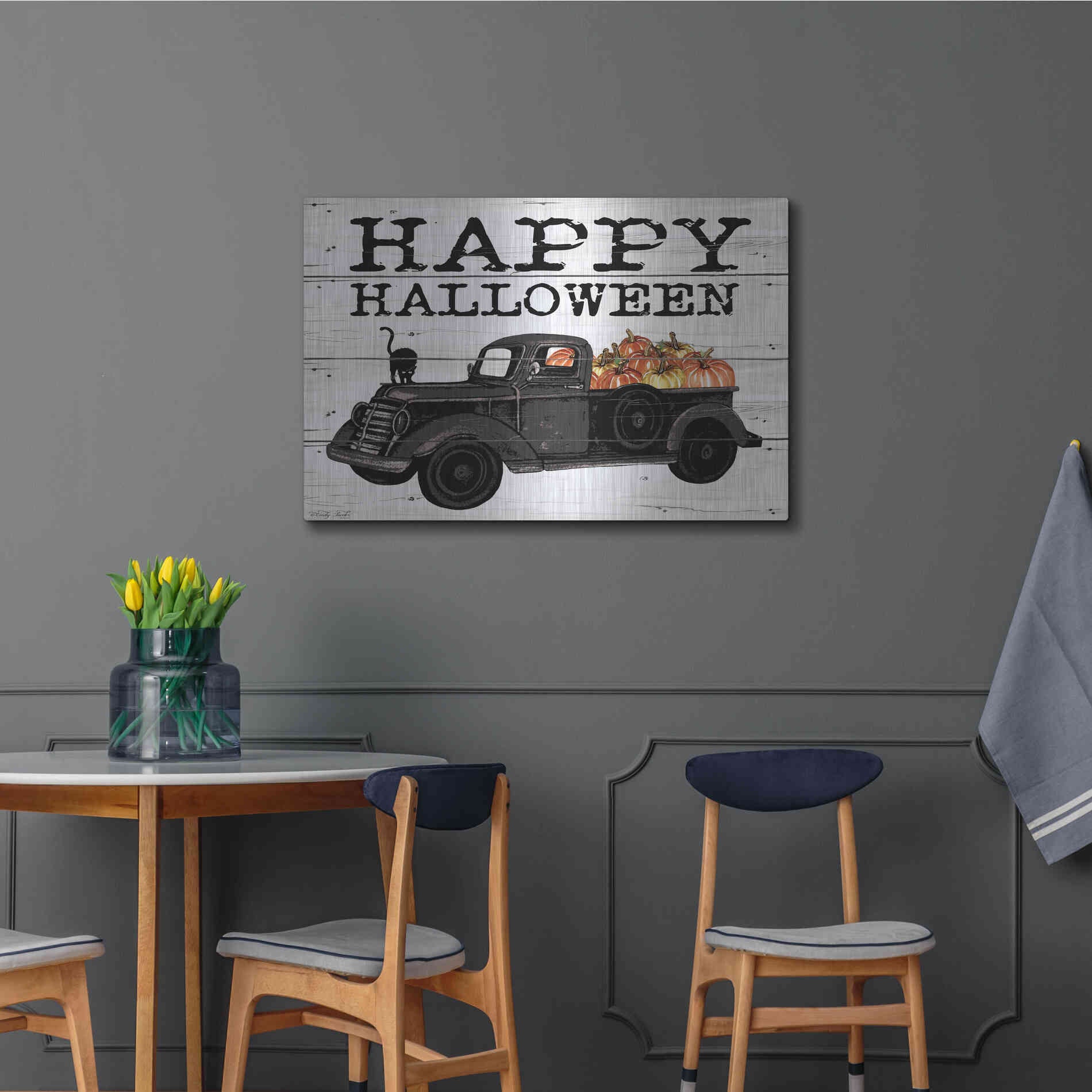 Luxe Metal Art 'Happy Halloween Black Truck' by Cindy Jacobs, Metal Wall Art,36x24