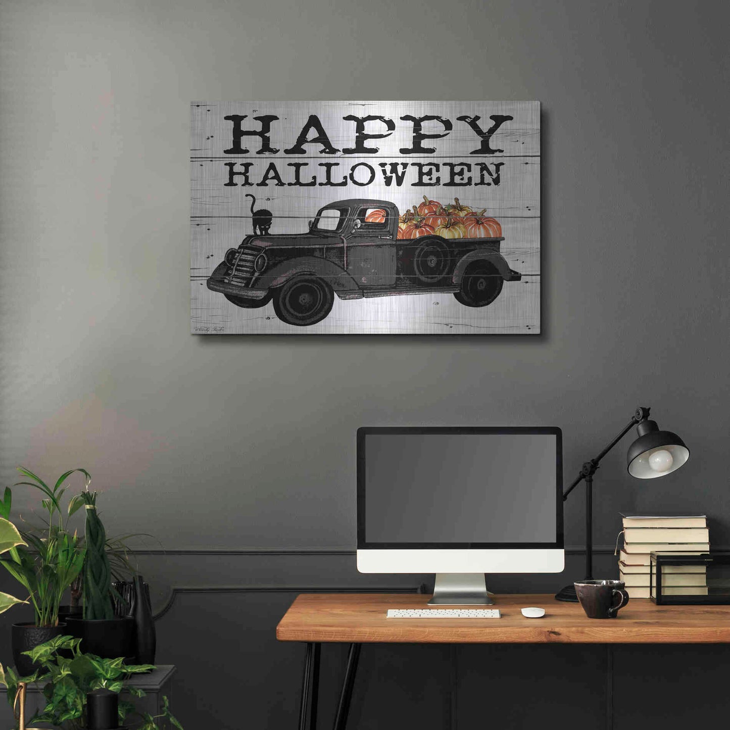 Luxe Metal Art 'Happy Halloween Black Truck' by Cindy Jacobs, Metal Wall Art,36x24