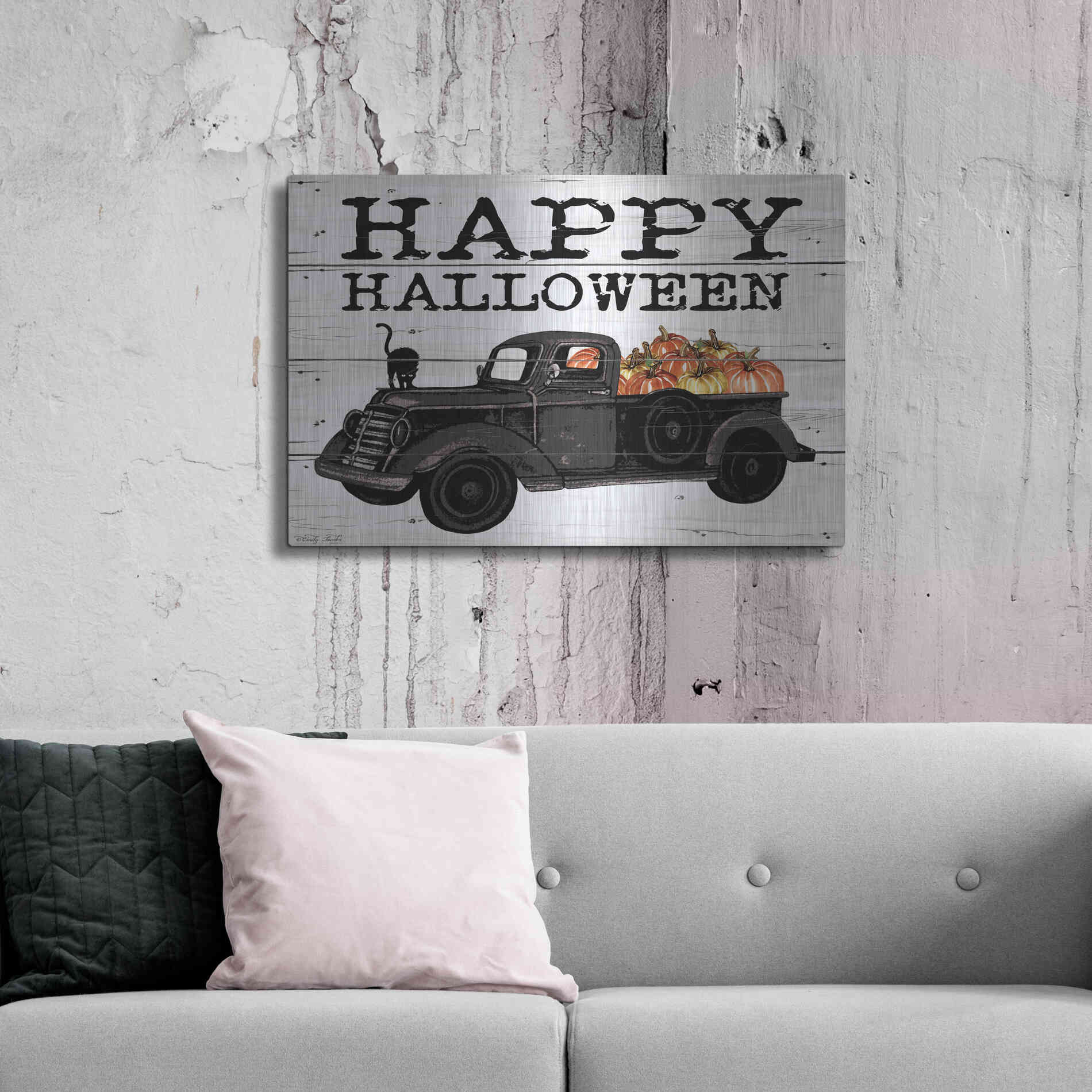 Luxe Metal Art 'Happy Halloween Black Truck' by Cindy Jacobs, Metal Wall Art,36x24