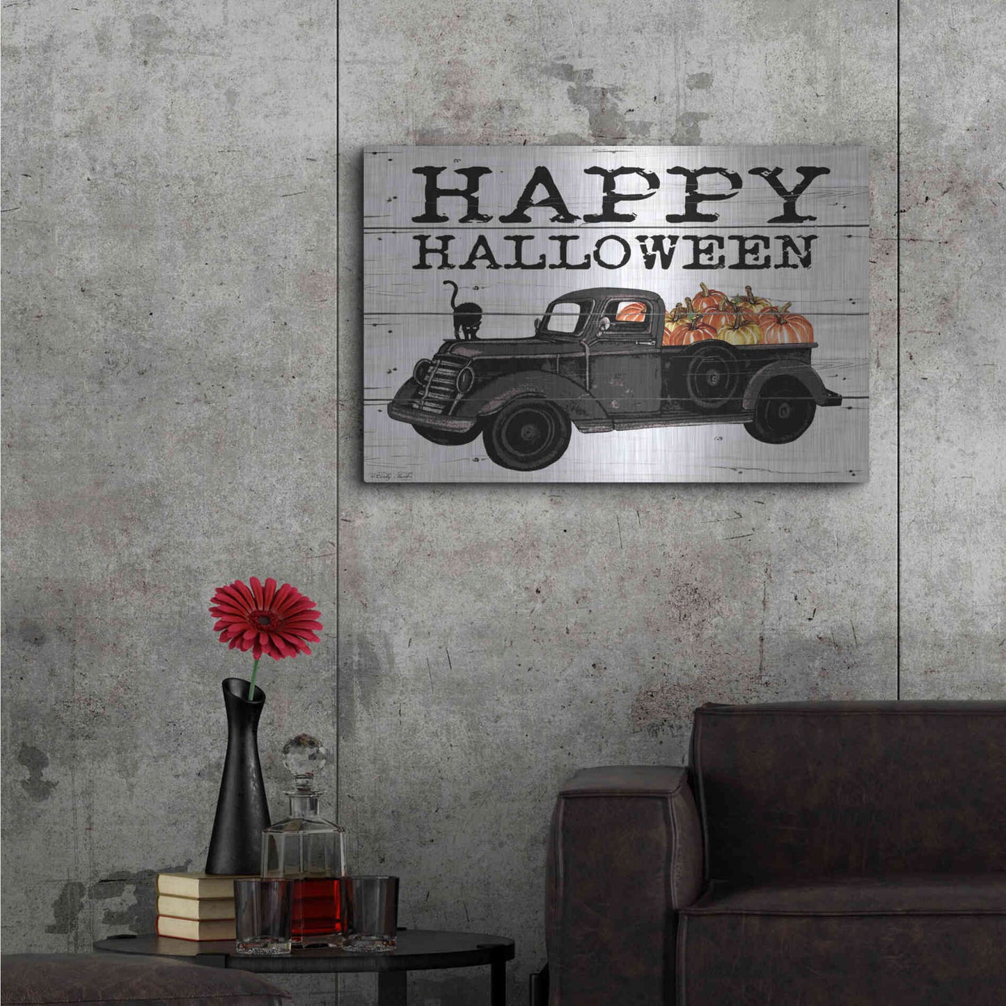 Luxe Metal Art 'Happy Halloween Black Truck' by Cindy Jacobs, Metal Wall Art,36x24