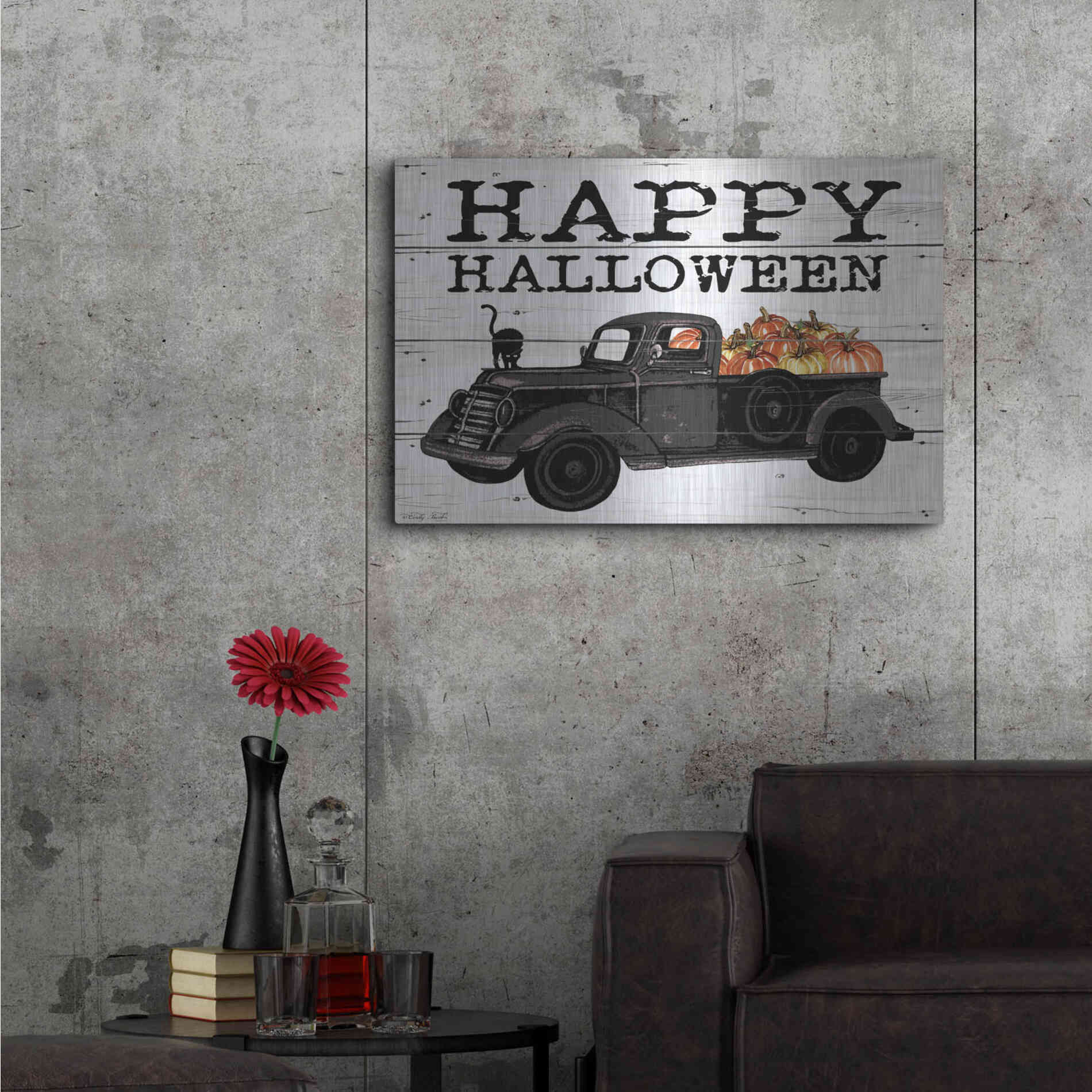 Luxe Metal Art 'Happy Halloween Black Truck' by Cindy Jacobs, Metal Wall Art,36x24