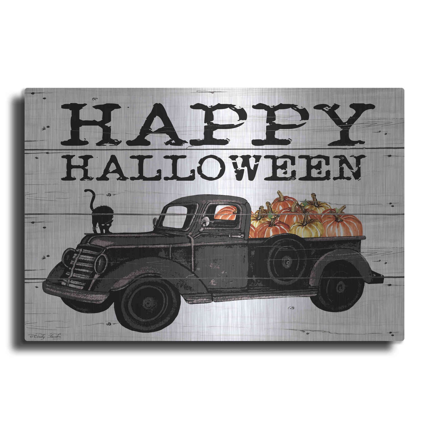 Luxe Metal Art 'Happy Halloween Black Truck' by Cindy Jacobs, Metal Wall Art