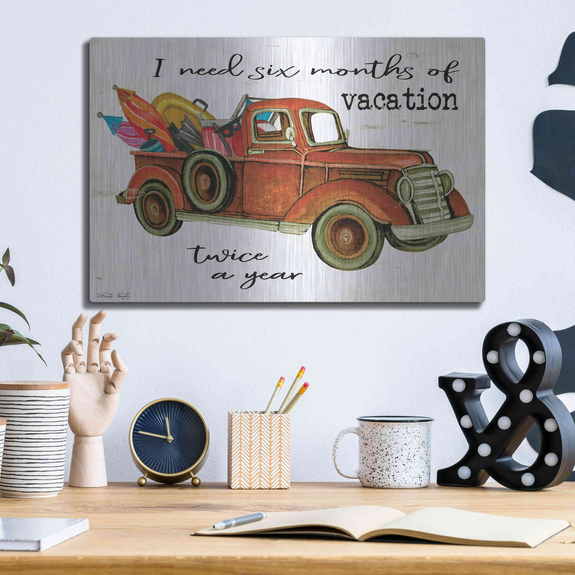 Luxe Metal Art 'Vacation Truck' by Cindy Jacobs, Metal Wall Art,16x12