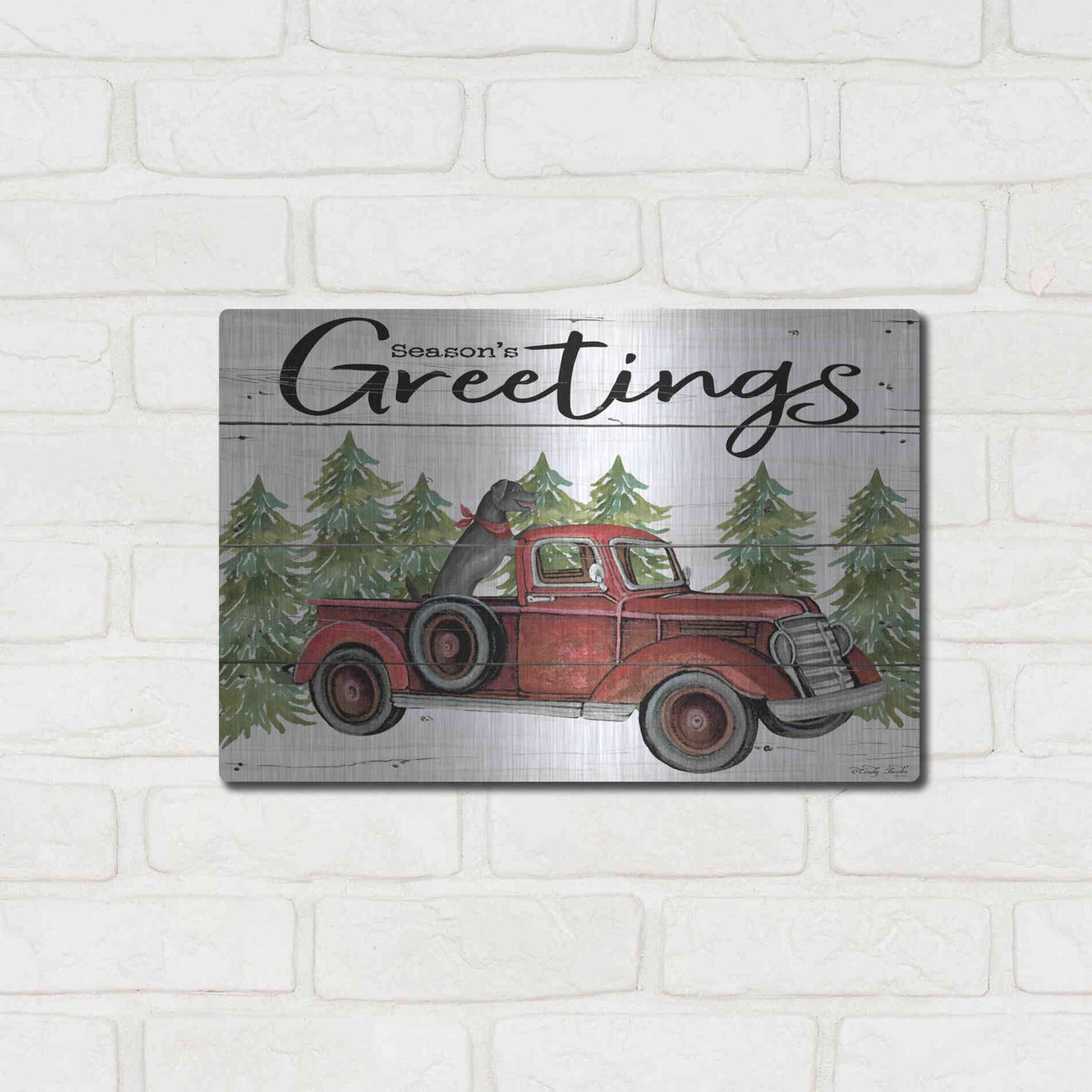 Luxe Metal Art 'Season's Greetings Red Truck' by Cindy Jacobs, Metal Wall Art,16x12