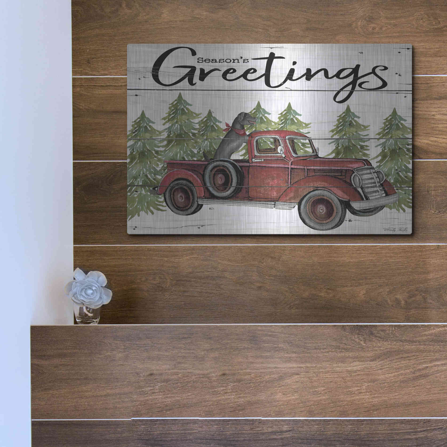 Luxe Metal Art 'Season's Greetings Red Truck' by Cindy Jacobs, Metal Wall Art,16x12