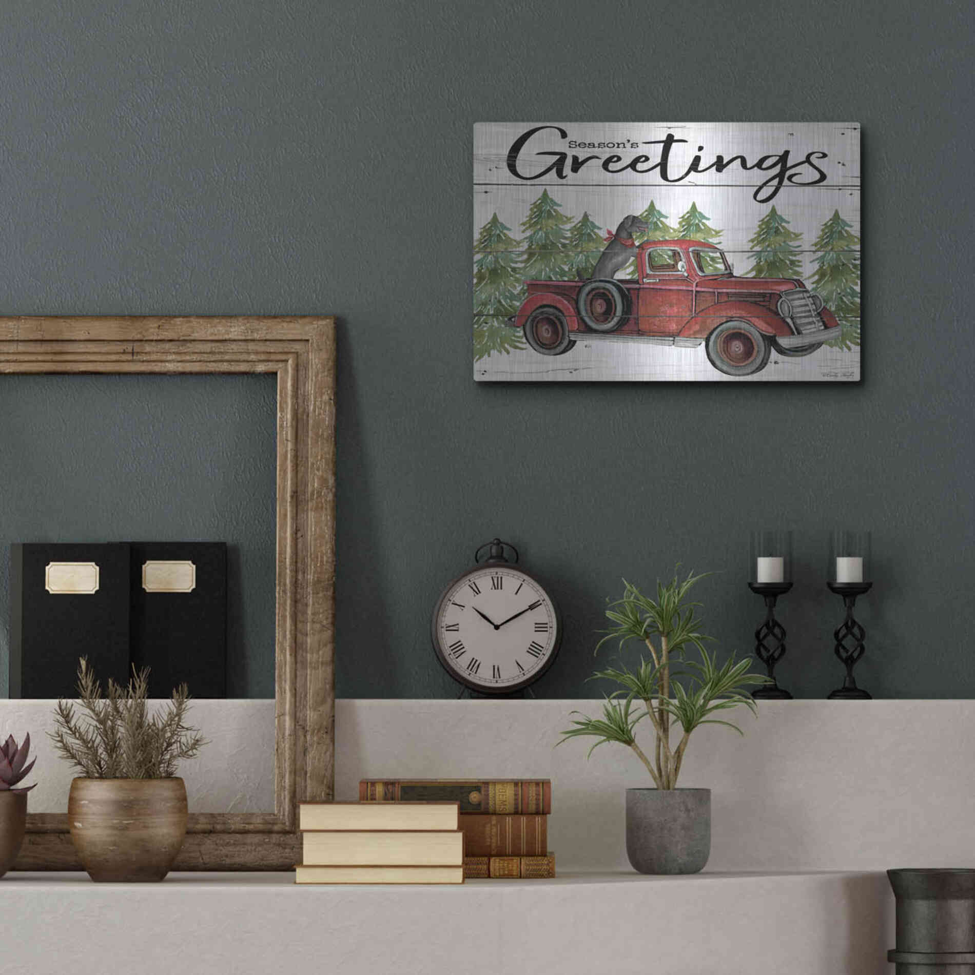 Luxe Metal Art 'Season's Greetings Red Truck' by Cindy Jacobs, Metal Wall Art,16x12