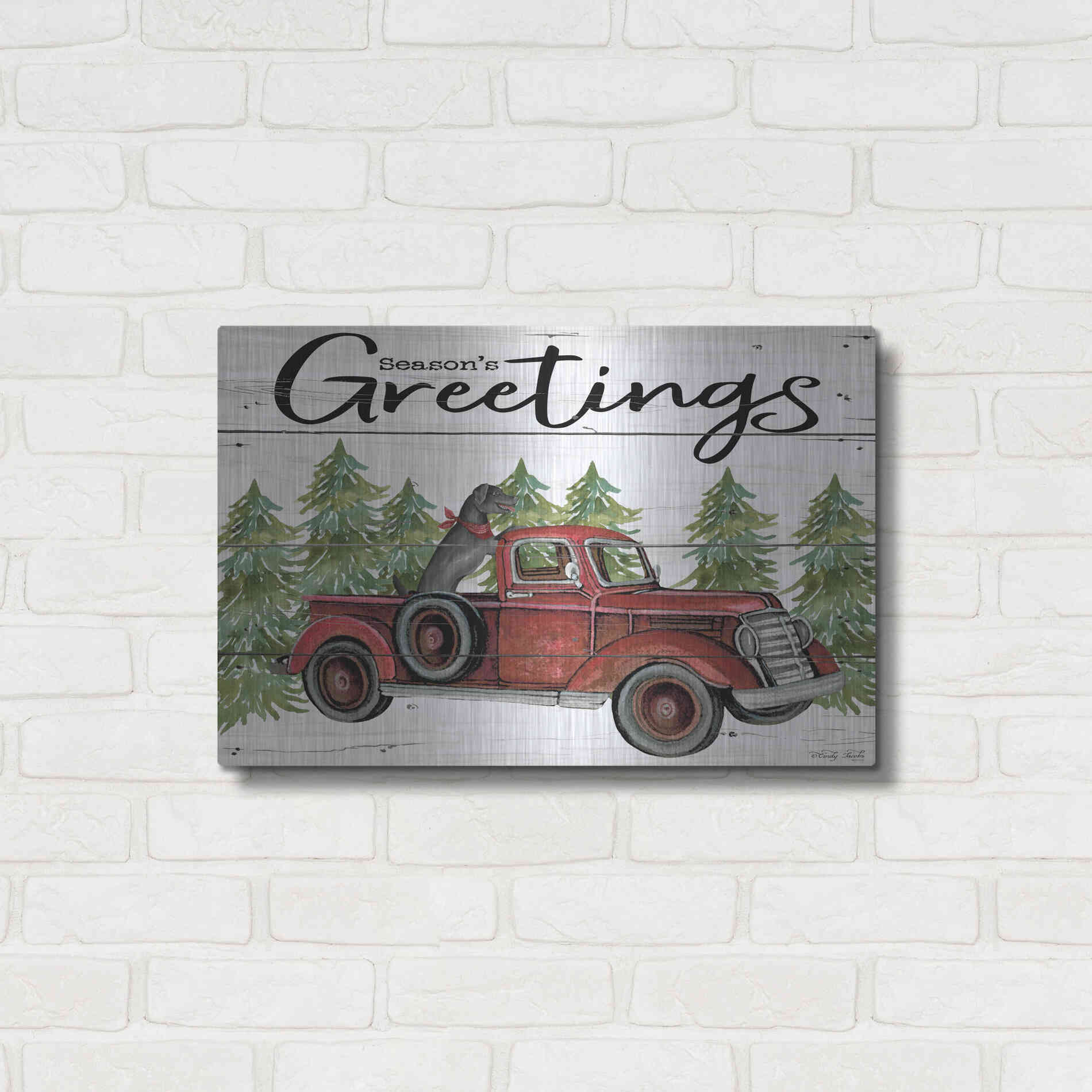 Luxe Metal Art 'Season's Greetings Red Truck' by Cindy Jacobs, Metal Wall Art,24x16