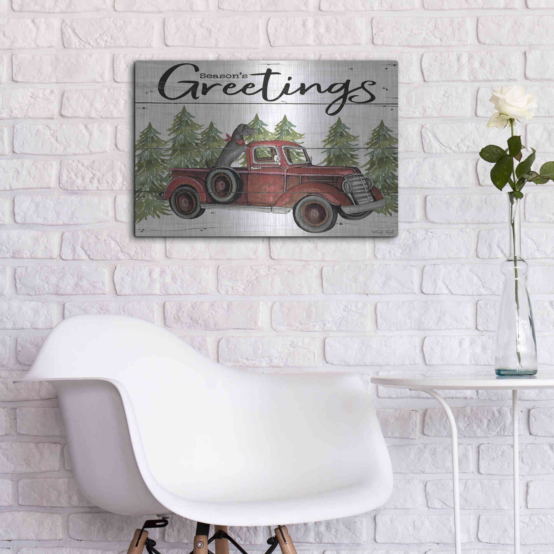 Luxe Metal Art 'Season's Greetings Red Truck' by Cindy Jacobs, Metal Wall Art,24x16