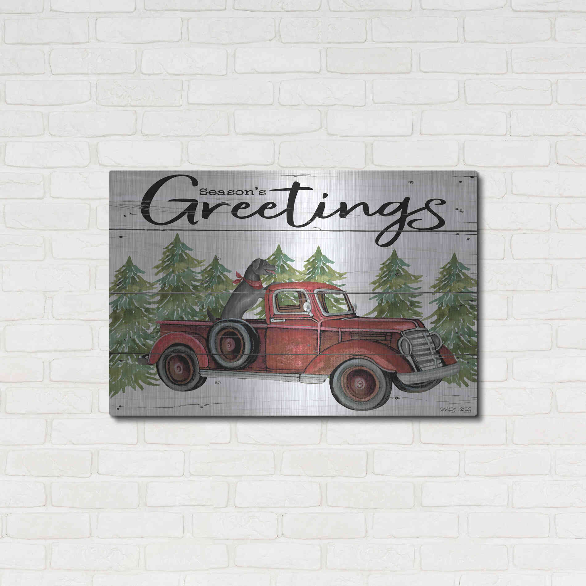 Luxe Metal Art 'Season's Greetings Red Truck' by Cindy Jacobs, Metal Wall Art,36x24