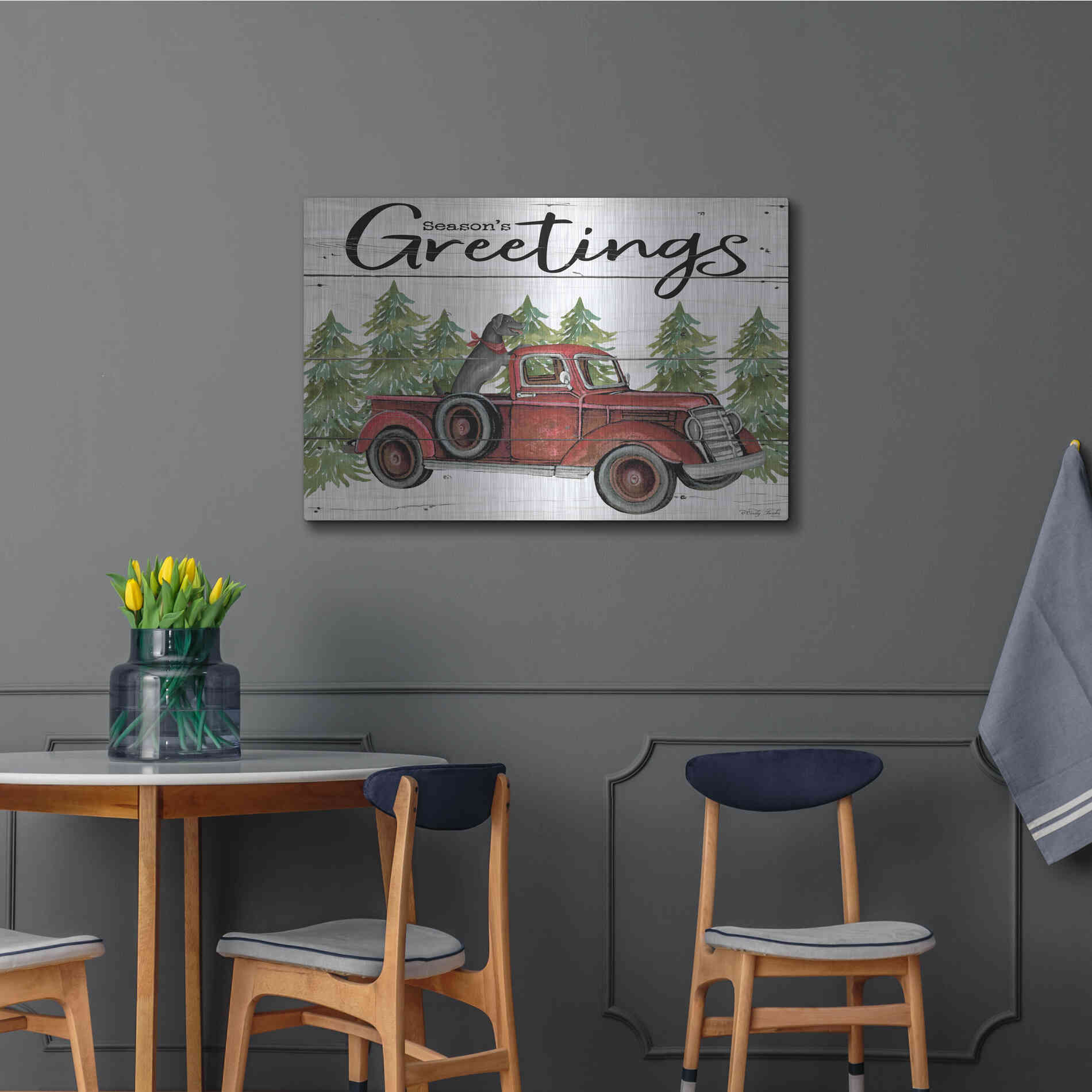 Luxe Metal Art 'Season's Greetings Red Truck' by Cindy Jacobs, Metal Wall Art,36x24