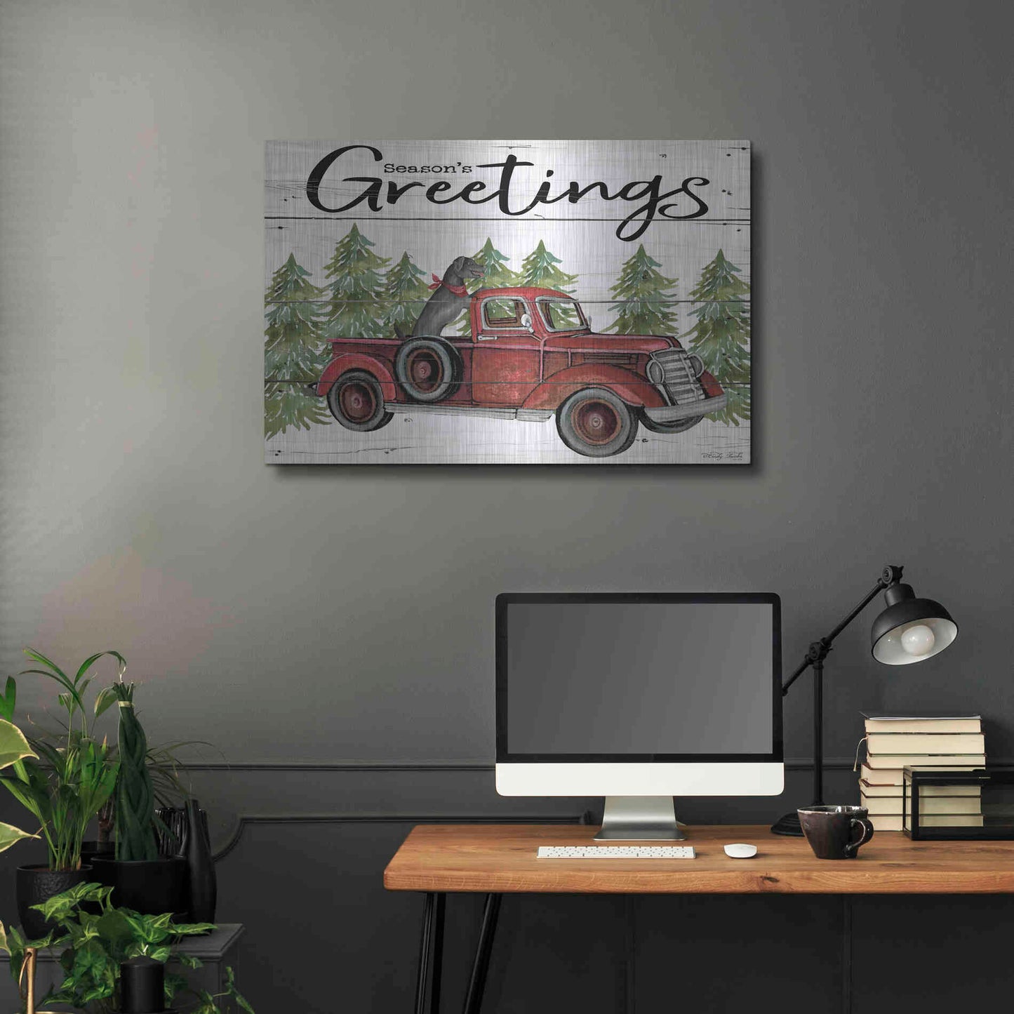 Luxe Metal Art 'Season's Greetings Red Truck' by Cindy Jacobs, Metal Wall Art,36x24