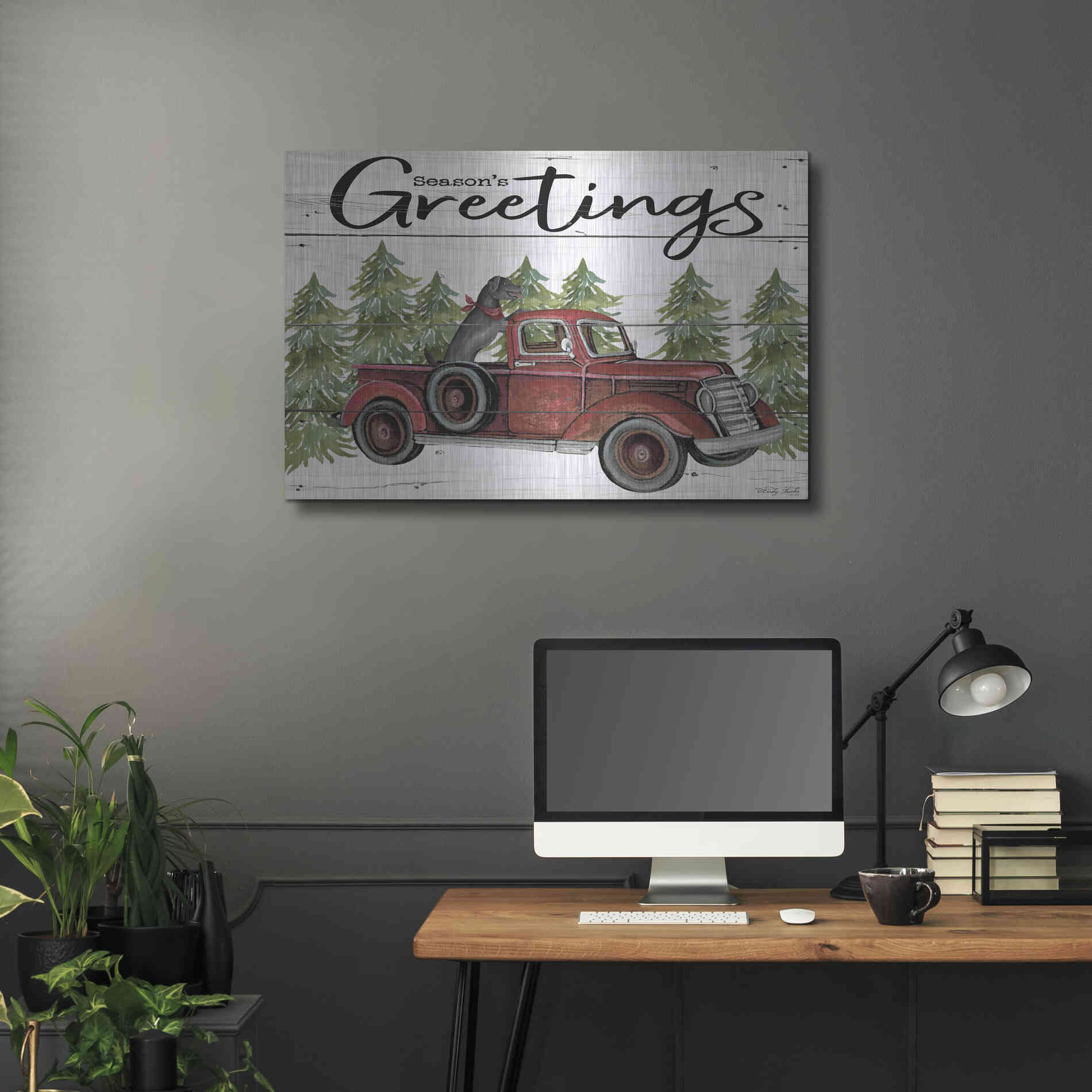 Luxe Metal Art 'Season's Greetings Red Truck' by Cindy Jacobs, Metal Wall Art,36x24