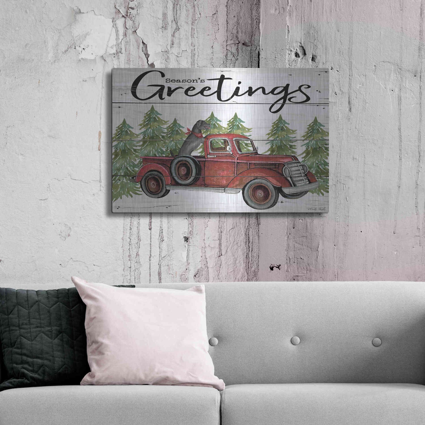 Luxe Metal Art 'Season's Greetings Red Truck' by Cindy Jacobs, Metal Wall Art,36x24