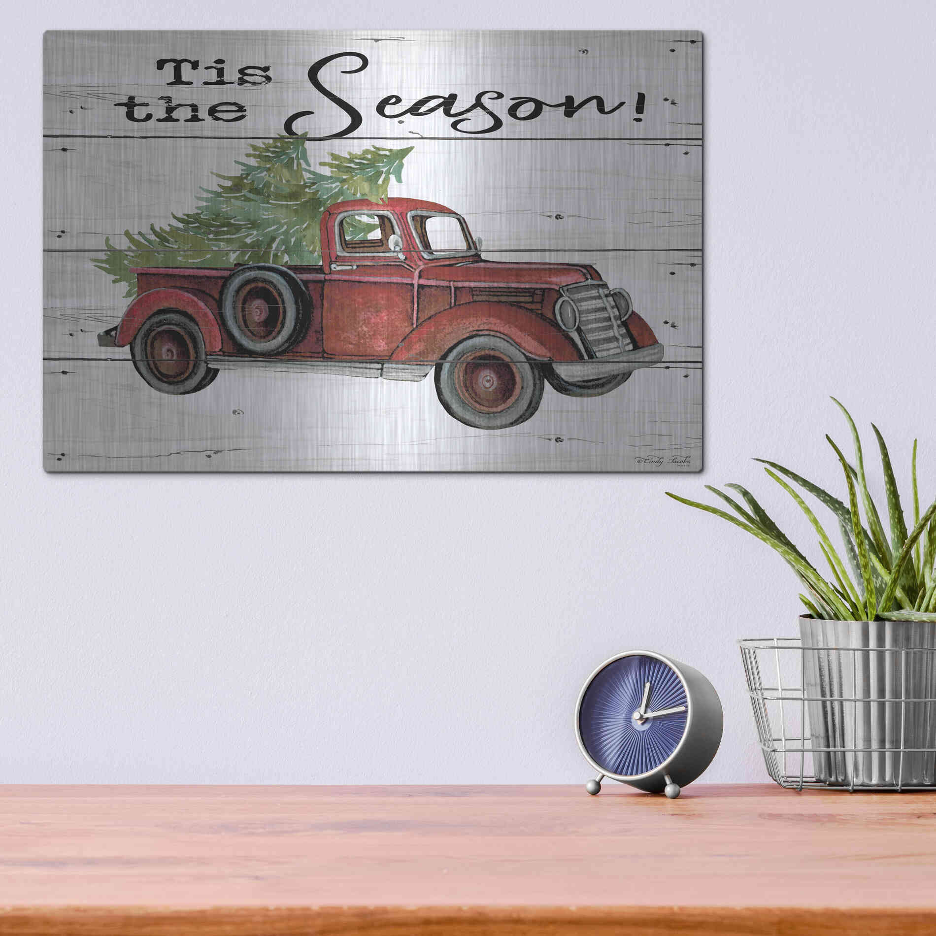 Luxe Metal Art 'Tis the Season Red Truck' by Cindy Jacobs, Metal Wall Art,16x12