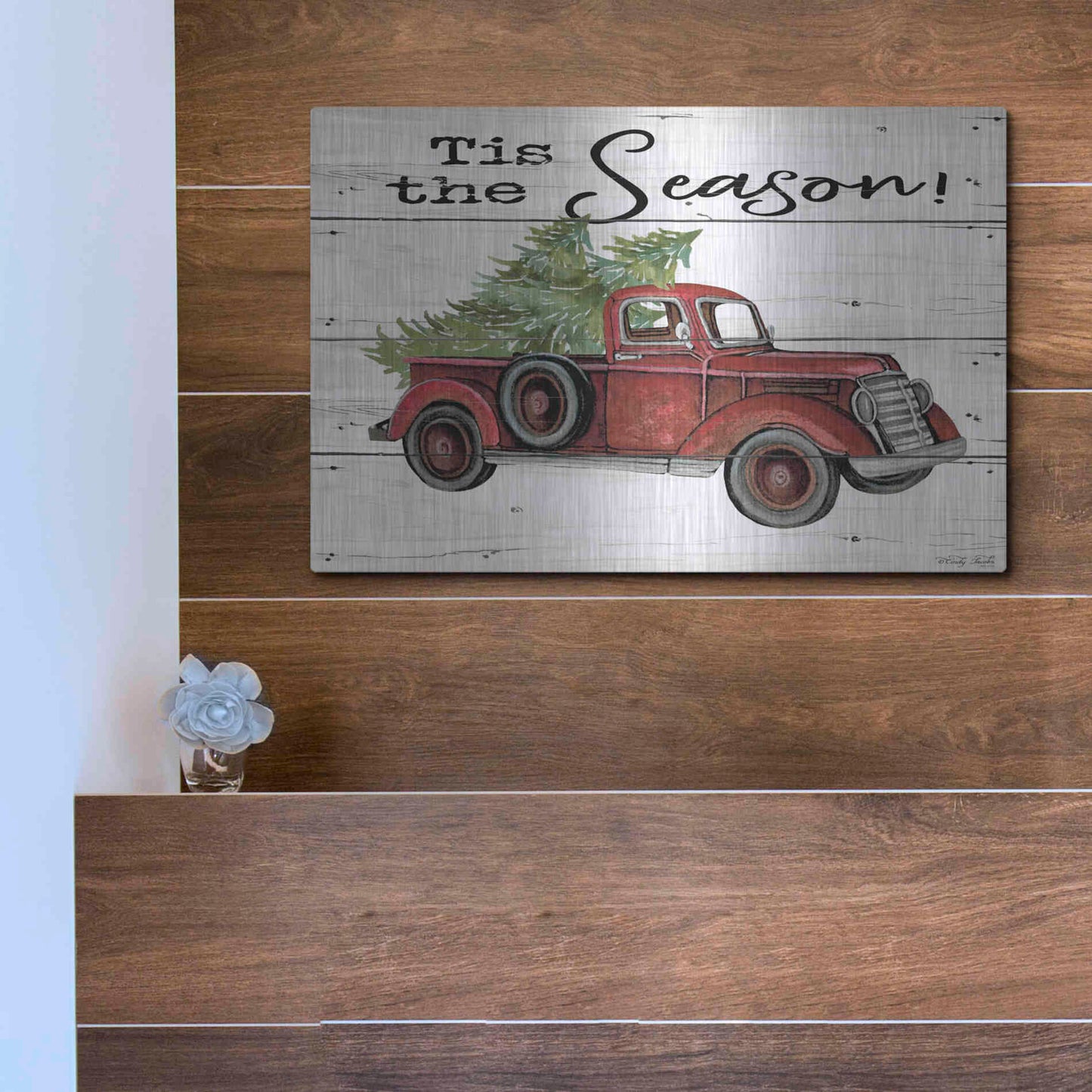 Luxe Metal Art 'Tis the Season Red Truck' by Cindy Jacobs, Metal Wall Art,16x12