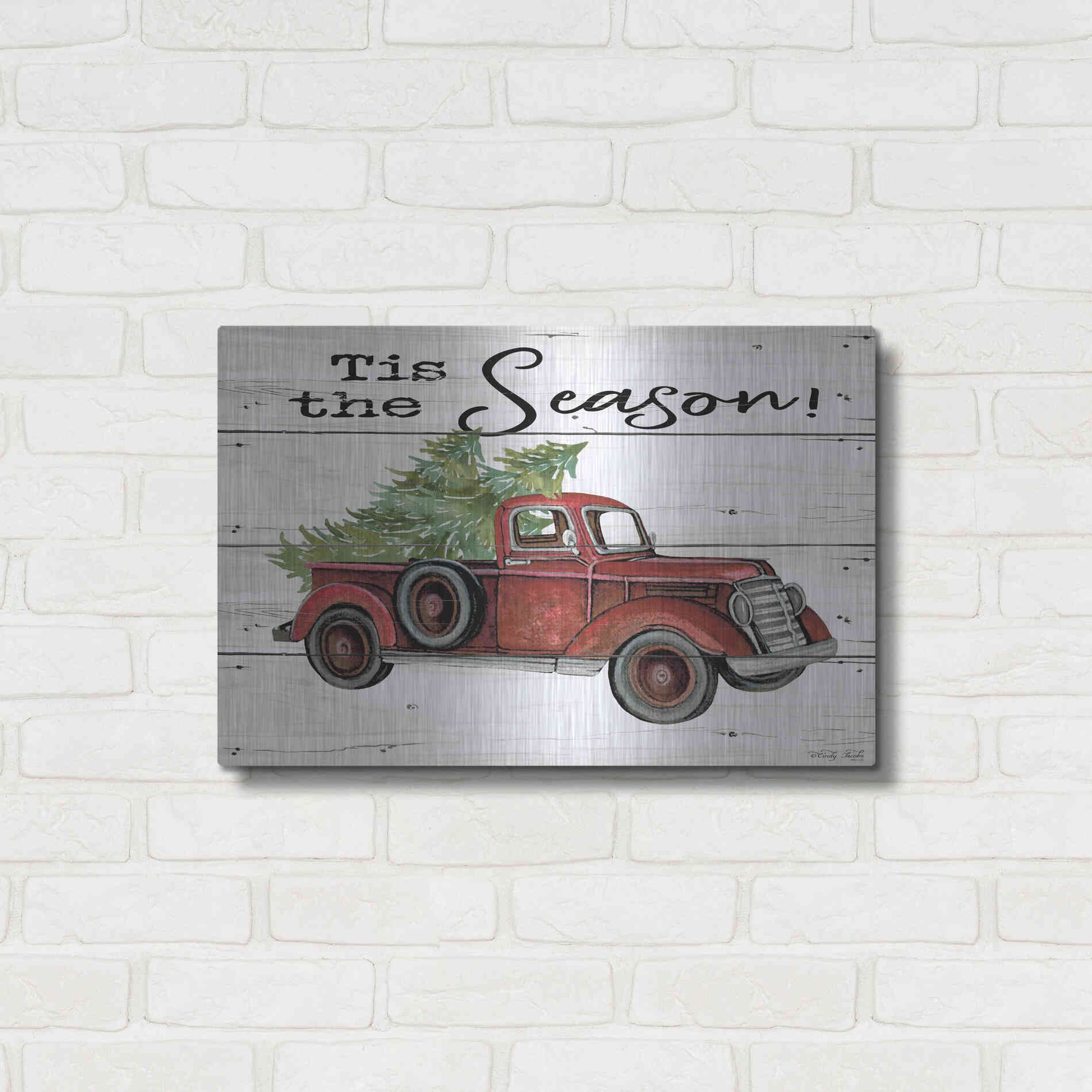 Luxe Metal Art 'Tis the Season Red Truck' by Cindy Jacobs, Metal Wall Art,24x16