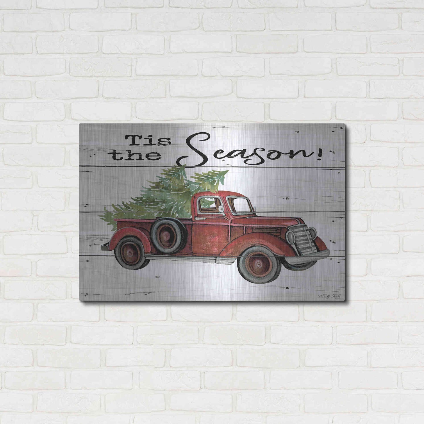 Luxe Metal Art 'Tis the Season Red Truck' by Cindy Jacobs, Metal Wall Art,36x24