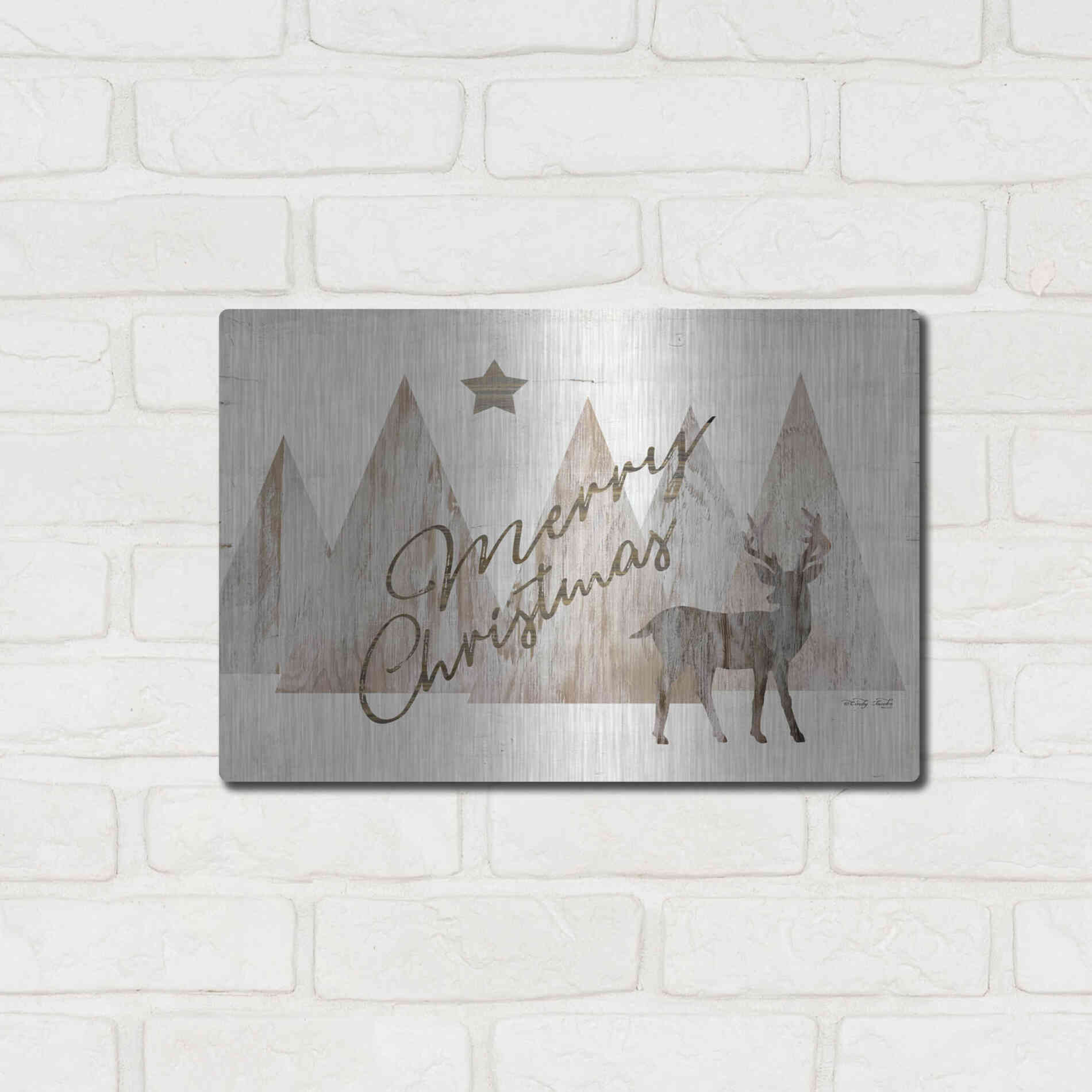 Luxe Metal Art 'Merry Christmas Deer 2' by Cindy Jacobs, Metal Wall Art,16x12