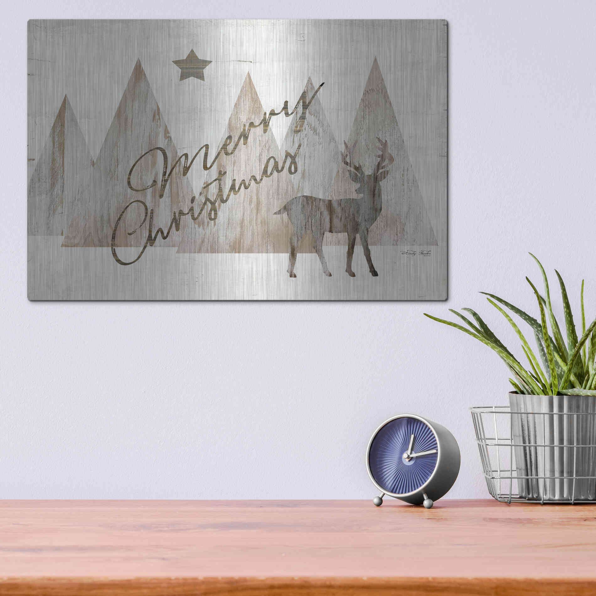Luxe Metal Art 'Merry Christmas Deer 2' by Cindy Jacobs, Metal Wall Art,16x12