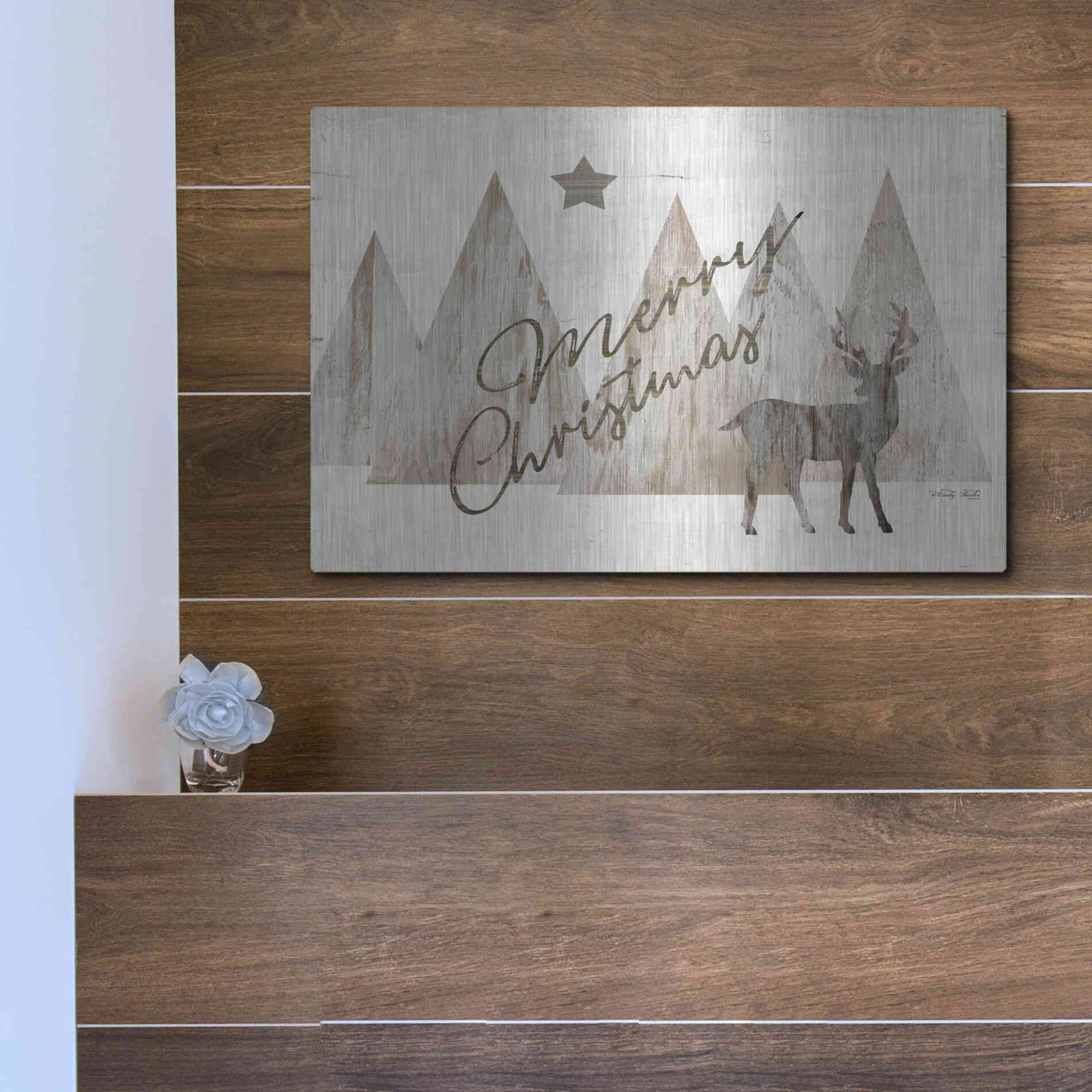 Luxe Metal Art 'Merry Christmas Deer 2' by Cindy Jacobs, Metal Wall Art,16x12