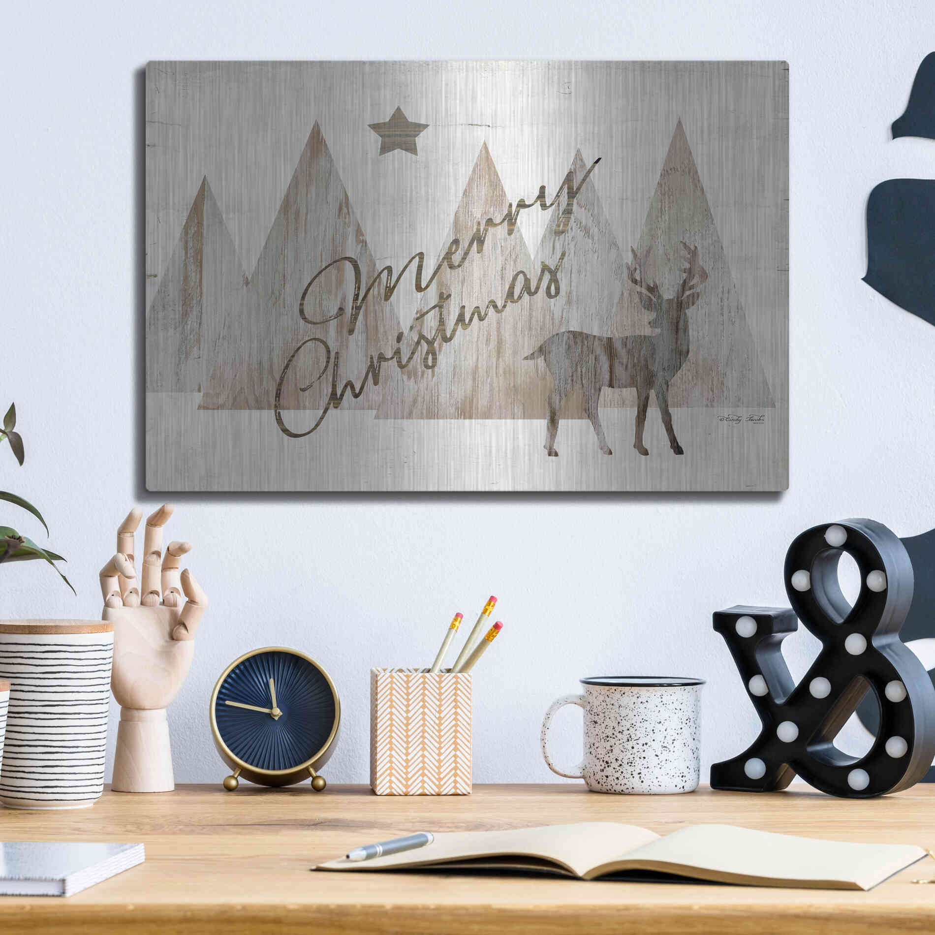 Luxe Metal Art 'Merry Christmas Deer 2' by Cindy Jacobs, Metal Wall Art,16x12