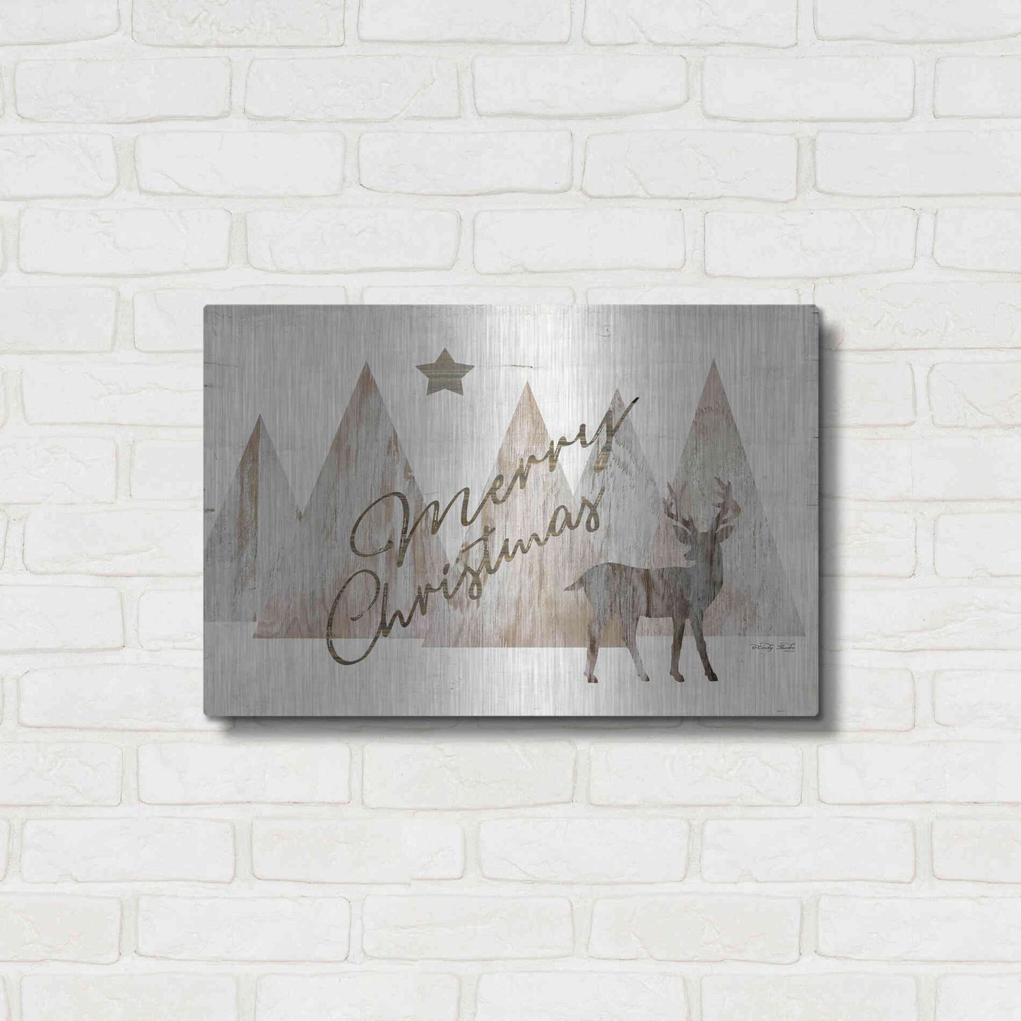 Luxe Metal Art 'Merry Christmas Deer 2' by Cindy Jacobs, Metal Wall Art,24x16