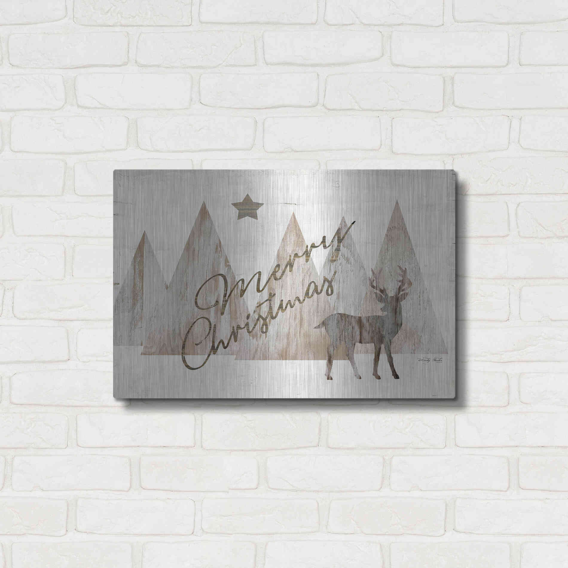 Luxe Metal Art 'Merry Christmas Deer 2' by Cindy Jacobs, Metal Wall Art,24x16