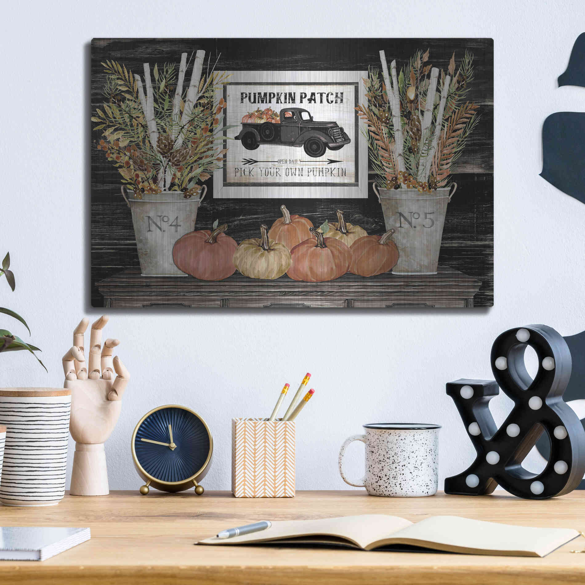 Luxe Metal Art 'Pumpkin Patch Still Life' by Cindy Jacobs, Metal Wall Art,16x12