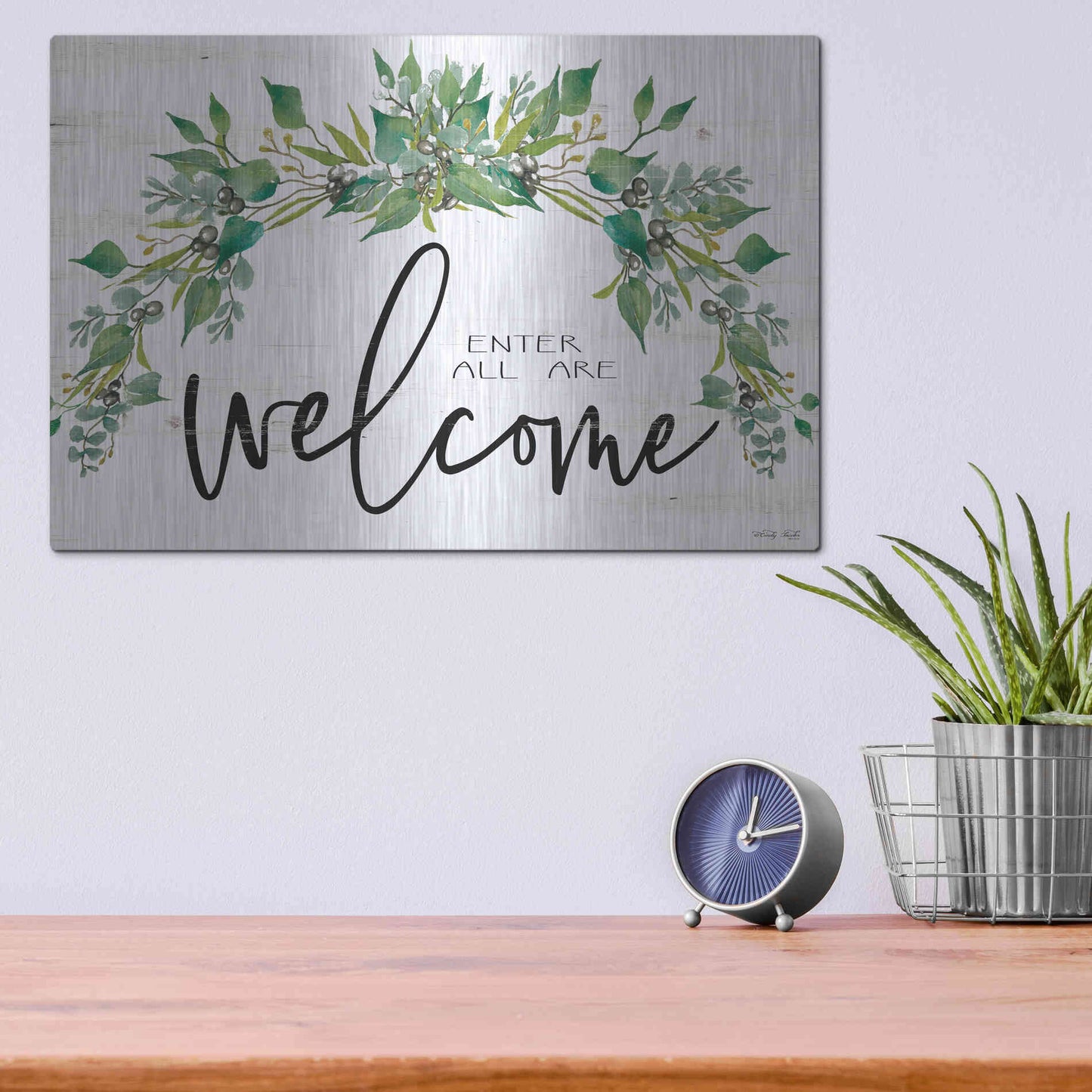 Luxe Metal Art 'Enter All Are Welcome' by Cindy Jacobs, Metal Wall Art,16x12