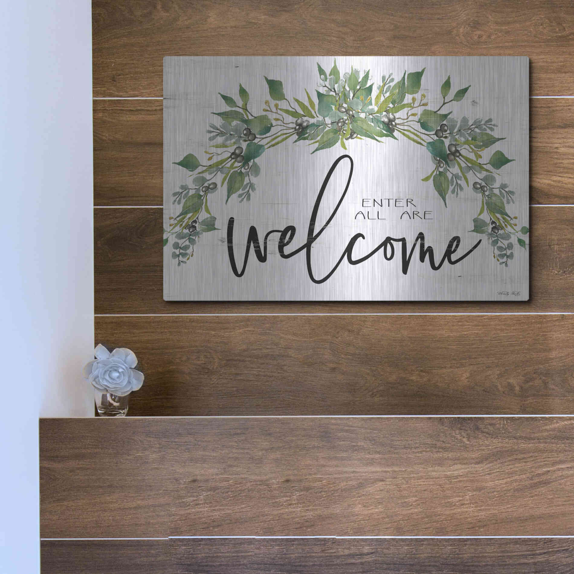 Luxe Metal Art 'Enter All Are Welcome' by Cindy Jacobs, Metal Wall Art,16x12