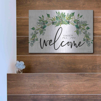 Luxe Metal Art 'Enter All Are Welcome' by Cindy Jacobs, Metal Wall Art,16x12