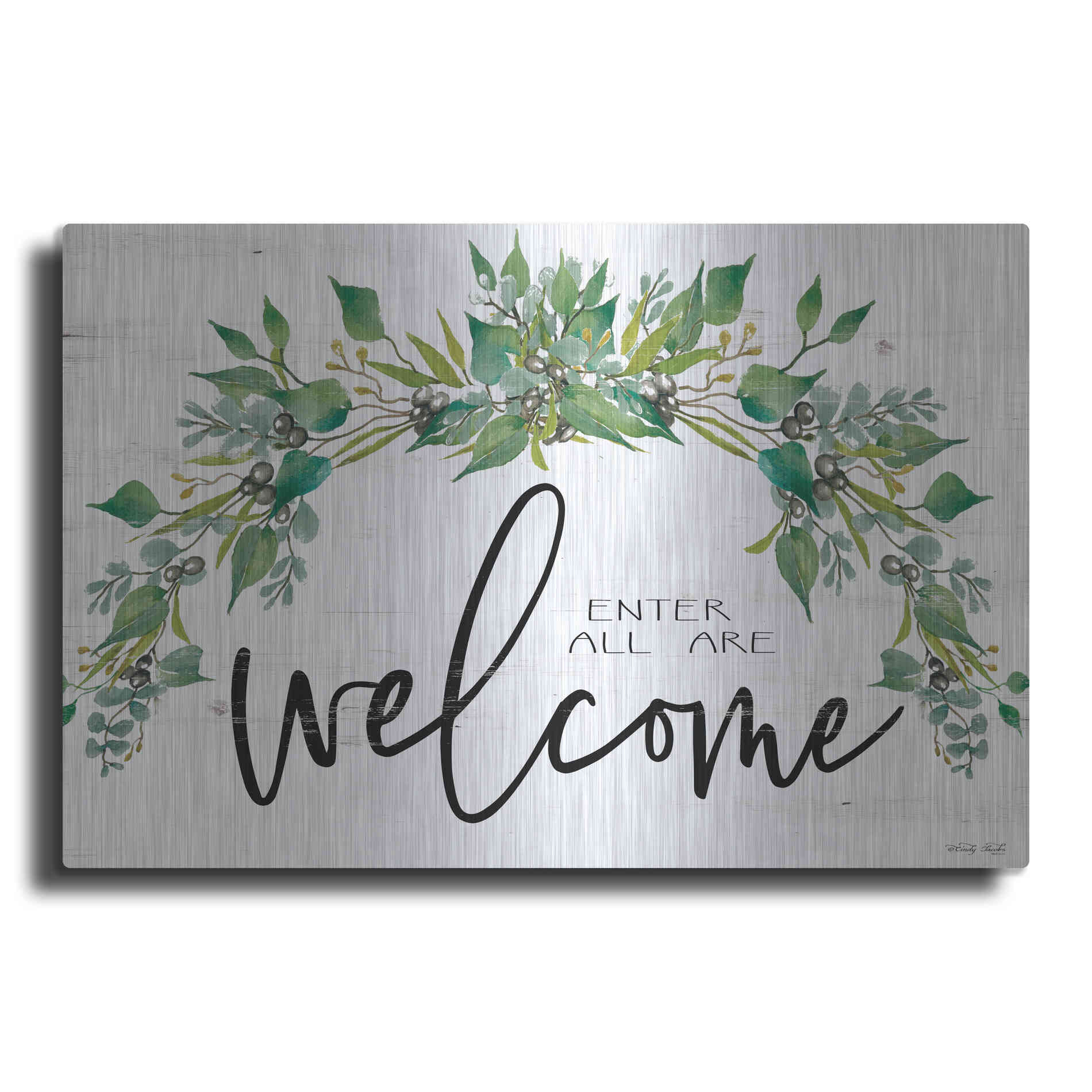 Luxe Metal Art 'Enter All Are Welcome' by Cindy Jacobs, Metal Wall Art