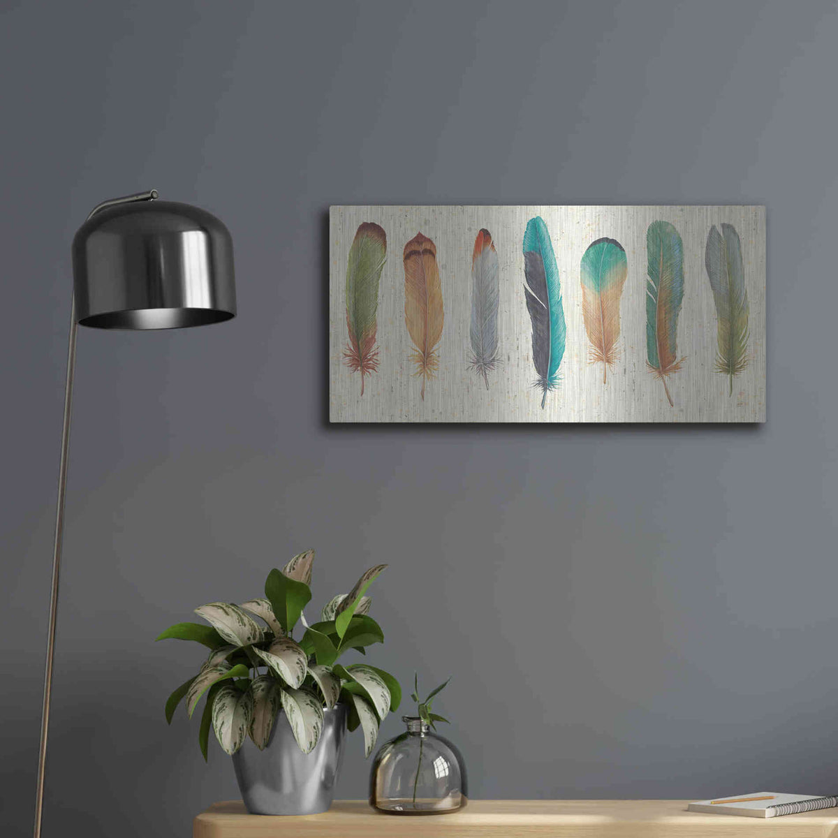 Luxe Metal Art 'Feather Tales VII' by Daphne Brissonet, Metal Wall Art,24x12