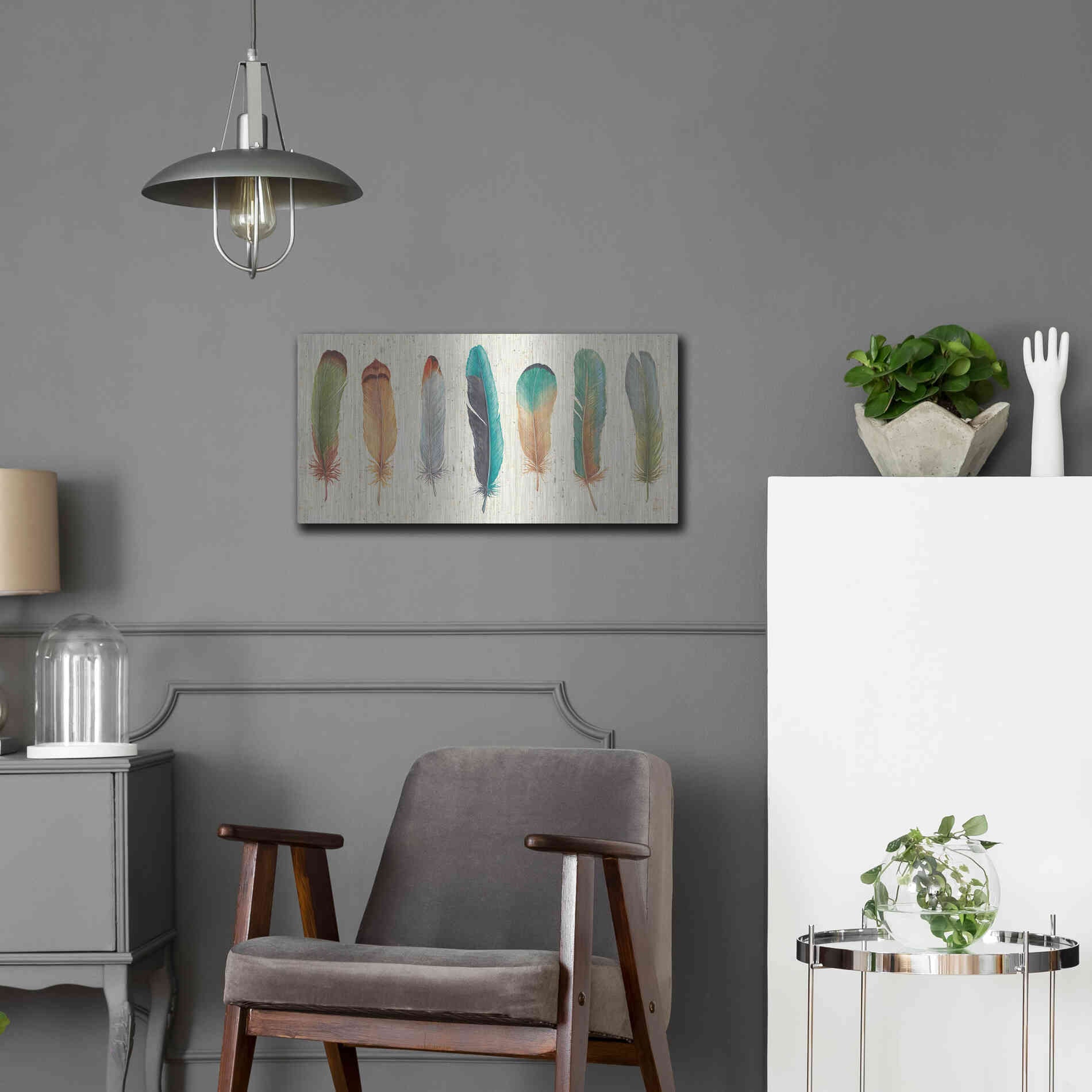 Luxe Metal Art 'Feather Tales VII' by Daphne Brissonet, Metal Wall Art,24x12