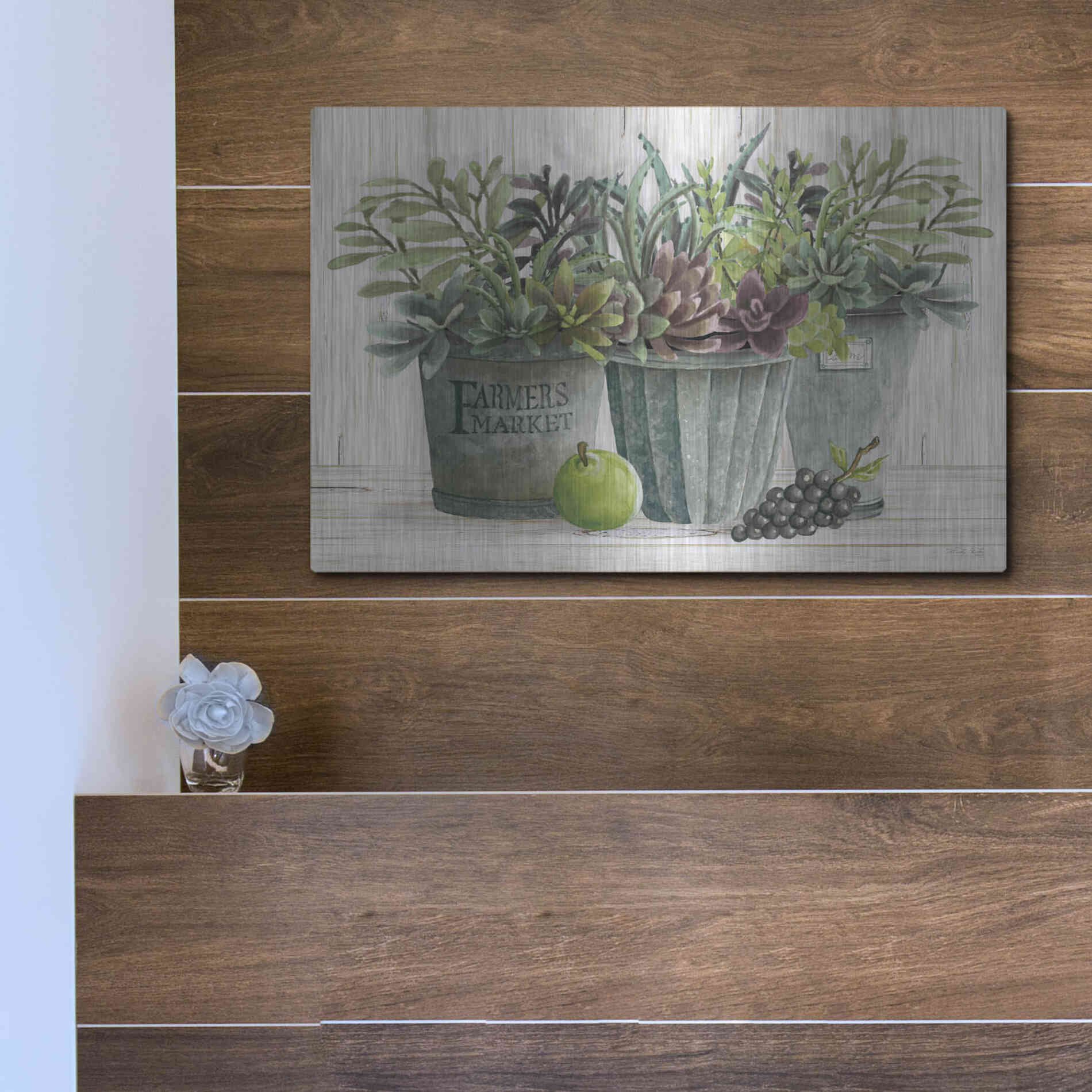 Luxe Metal Art 'Farmer Market Succulent Harvest' by Cindy Jacobs, Metal Wall Art,16x12