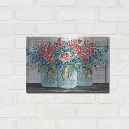 Luxe Metal Art 'Red, White & Blue Jars with White Flowers' by Cindy Jacobs, Metal Wall Art,16x12