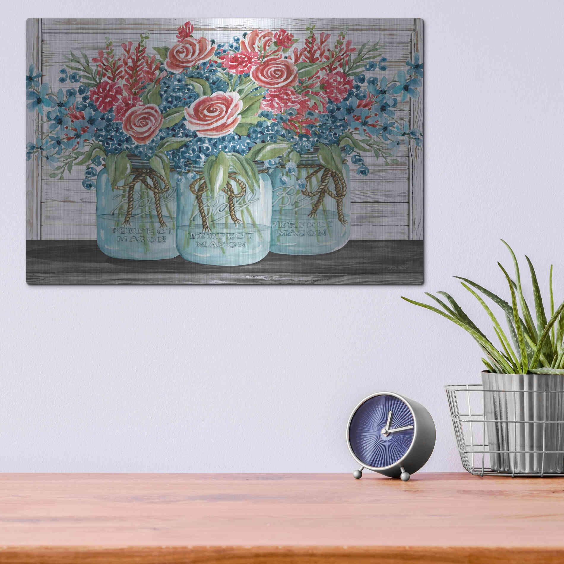 Luxe Metal Art 'Red, White & Blue Jars with White Flowers' by Cindy Jacobs, Metal Wall Art,16x12