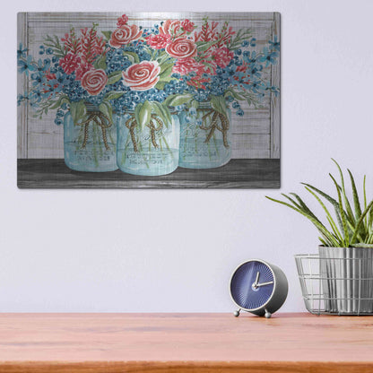 Luxe Metal Art 'Red, White & Blue Jars with White Flowers' by Cindy Jacobs, Metal Wall Art,16x12