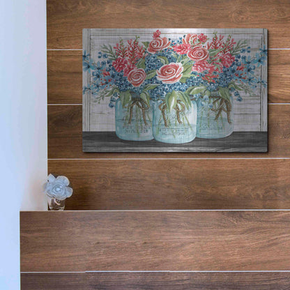 Luxe Metal Art 'Red, White & Blue Jars with White Flowers' by Cindy Jacobs, Metal Wall Art,16x12