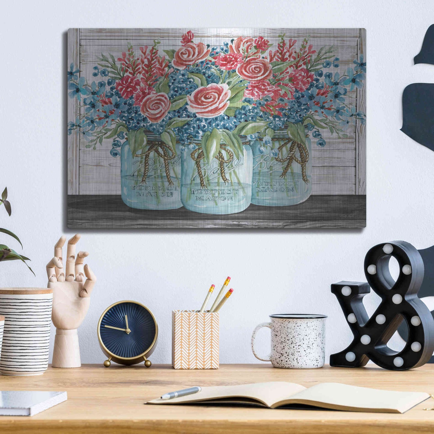 Luxe Metal Art 'Red, White & Blue Jars with White Flowers' by Cindy Jacobs, Metal Wall Art,16x12