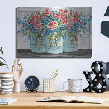 Luxe Metal Art 'Red, White & Blue Jars with White Flowers' by Cindy Jacobs, Metal Wall Art,16x12