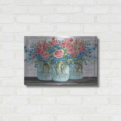 Luxe Metal Art 'Red, White & Blue Jars with White Flowers' by Cindy Jacobs, Metal Wall Art,24x16