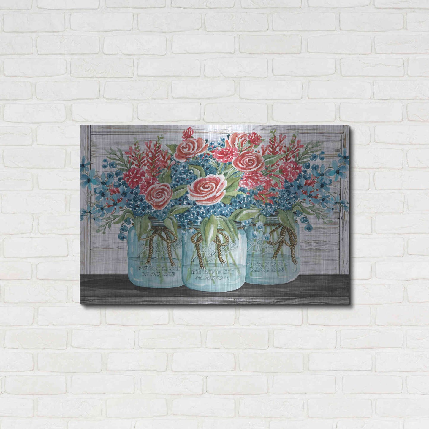 Luxe Metal Art 'Red, White & Blue Jars with White Flowers' by Cindy Jacobs, Metal Wall Art,36x24