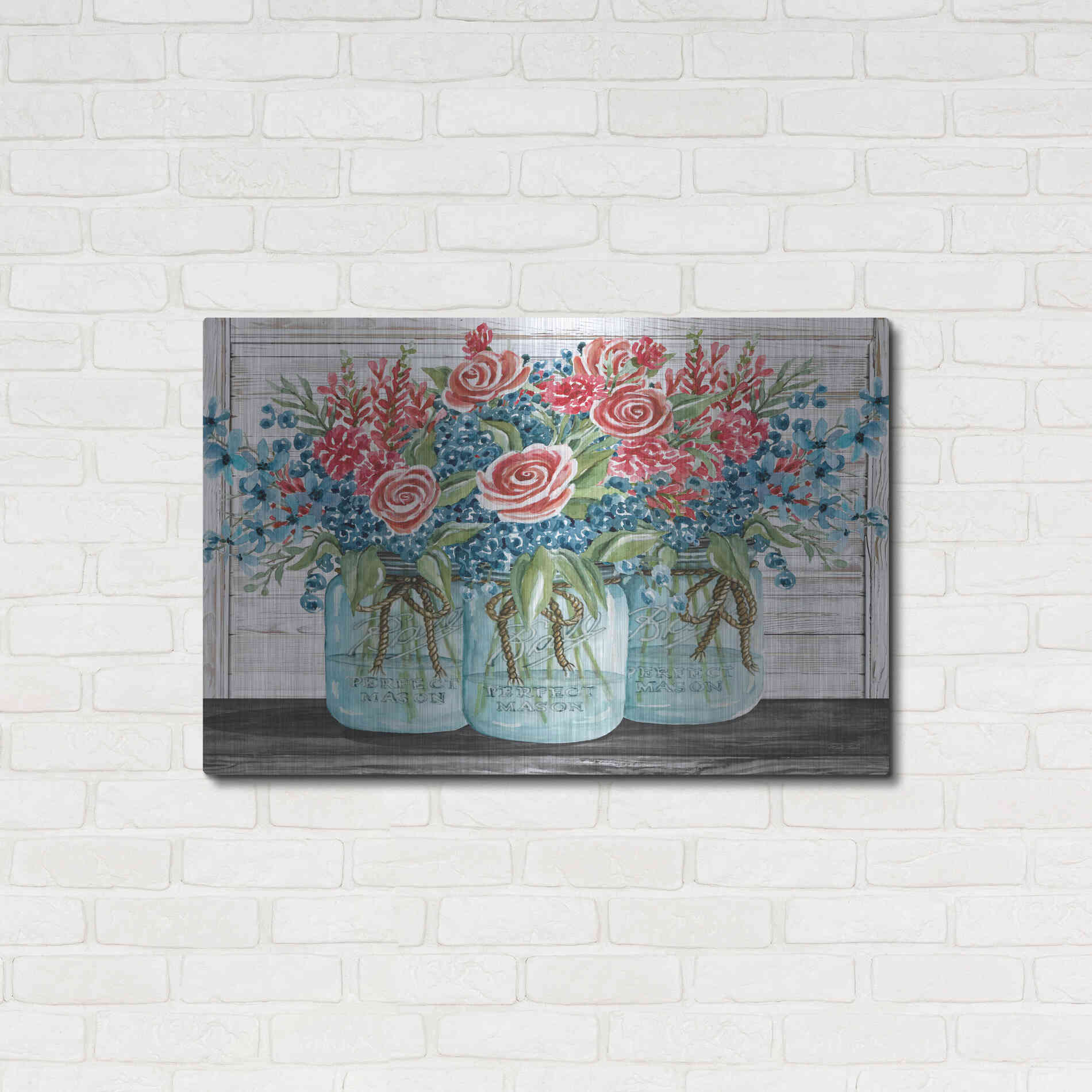 Luxe Metal Art 'Red, White & Blue Jars with White Flowers' by Cindy Jacobs, Metal Wall Art,36x24